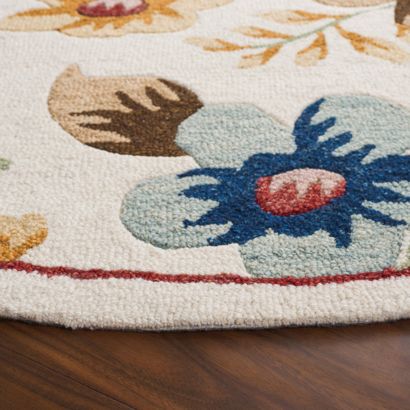 Abbeygail Hand Tufted Wool/Cotton Performance Floral Rug in Ivory/Blue, Round 6'