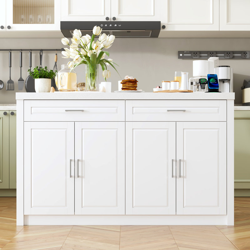 Multifunctional Kitchen Island With Charging Station, White