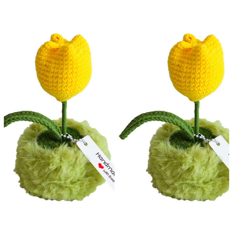 2Pcs Crochet en pot Faux fruits Bonsai Home Living Bureau Bureau Décoration de bureau Tulipe jaune tricotée à la main Oranges Auto Décoration d'intérieur, jaune