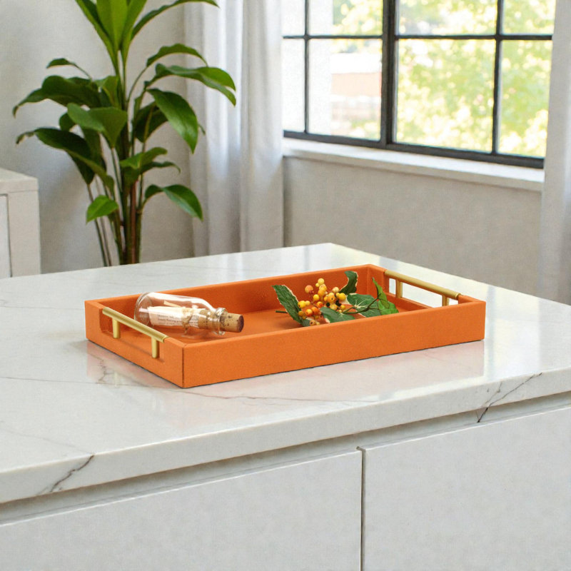 Baidy Hand-Finished Faux Shagreen Rectangular Serving Tray, Orange