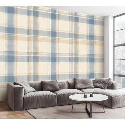 Wall Mural Peel and Stick Wallpaper Beige Blue Plaid Classic Tartan Style Self-Adhesive Removable Contact Paper Wall Decor for Living Room Bedroom 100"H x 144"W