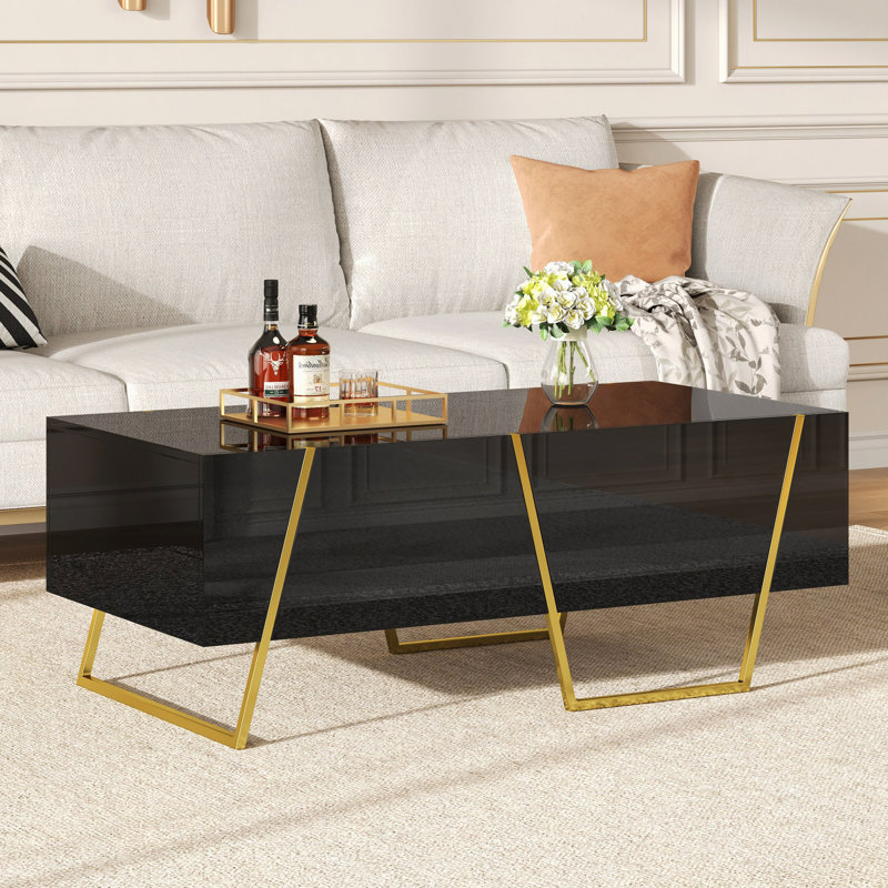 Table basse rectangulaire moderne ultrabrillante pour le salon avec rangement et base dorée, 4 tiroirs, 47,2 po