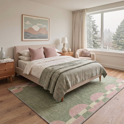 Tapis géométrique vert / rose lavable à la machine avec envers antidérapant