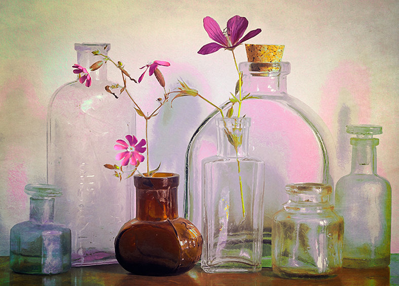 "Bottles on the Bureau" by Hal Halli Photographic Print on Wrapped Canvas, 24" H x 32" W x 1.5" D