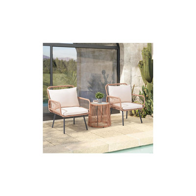 Ensemble bistro 3 pièces pour terrasse en osier - table ronde en verre avec chaises en rotin, blanc crème