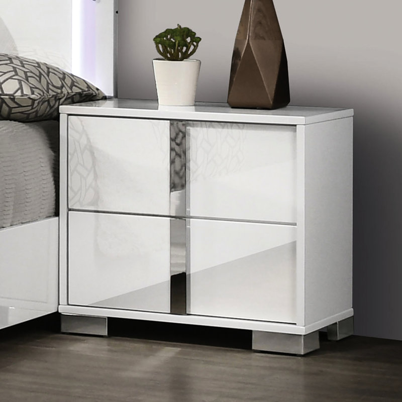 Armoire de chevet blanche moderne en métal et en bois d'ingénierie de 22 po de hauteur, avec poignées verticales, finition blanche, l 23,5 po, décor, 2 tiroirs