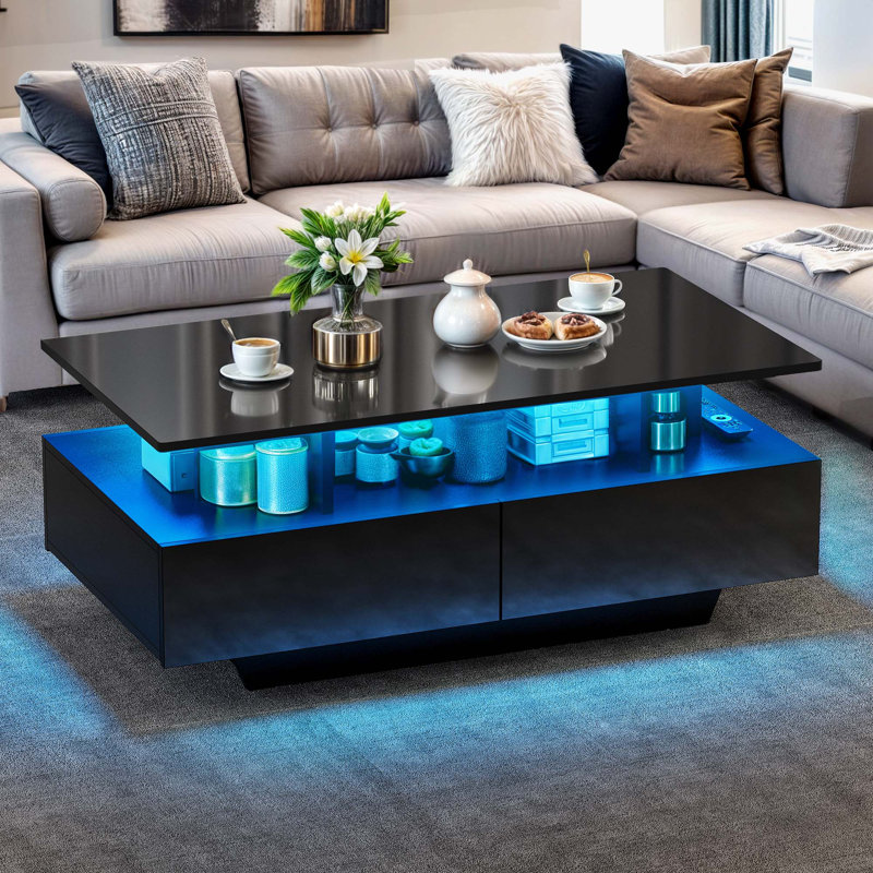Curtisville Rectanguler LED Coffee Table with Ample Storage and 4 Spacious Drawers for a Stylish Living Room, Black