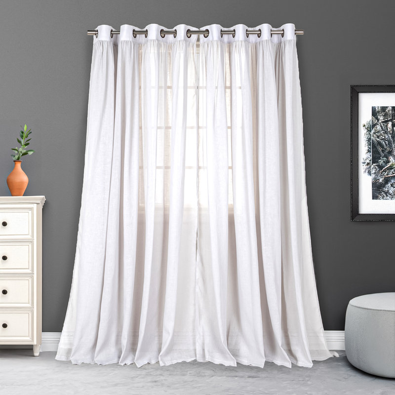 Gathered Linen-Textured Grommet Semi-Sheer Curtains (Set Of 2), 52" W x 84" L, White