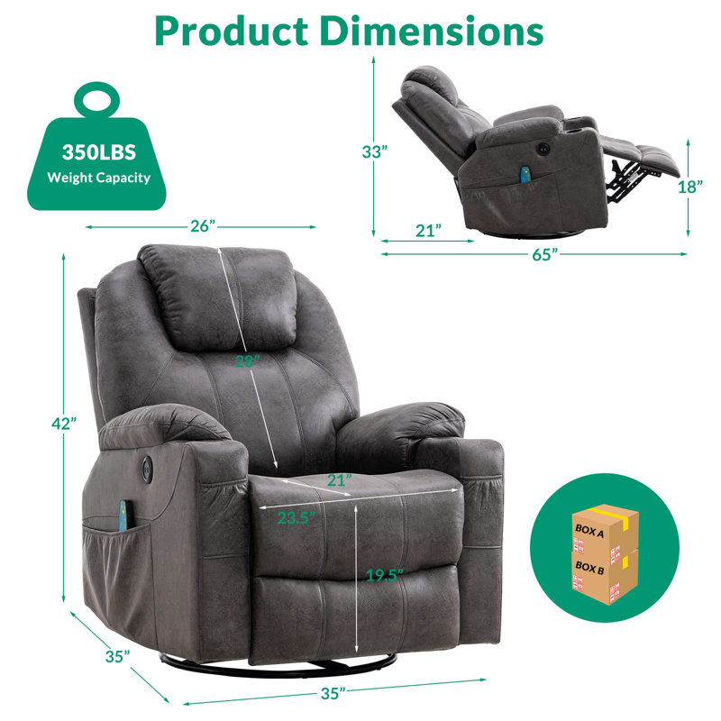Fauteuil inclinable pivotant manuel en similicuir de 35 po de large Deauna, Gris (suède bronzé)