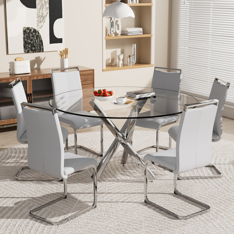 Ensemble de table de salle à manger, table ronde en verre trempé et 4 chaises rembourrées., 7, Gris clair