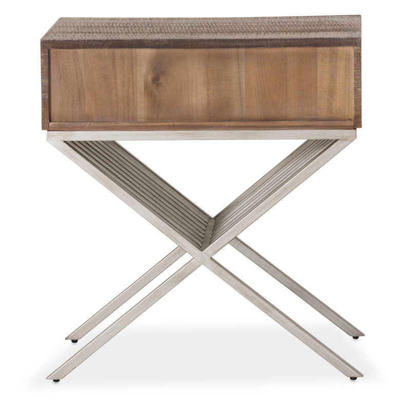 Acacia Wood and Metal Cross Legs End Table with Velvet-Lined Drawer