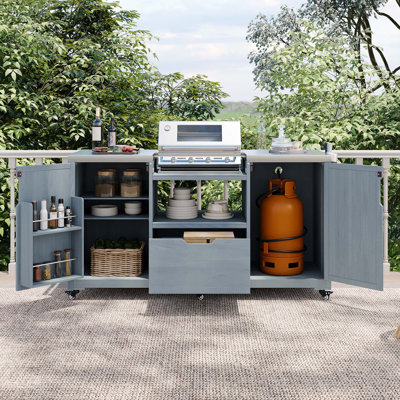 Durable Solid Wood Outdoor Kitchen Island With Stainless Steel Top And Drawer For Big Green Egg Grills