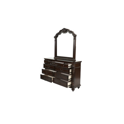 Traditional Formal Antique Cherry / Antique Walnut Unique Design Dresser w Mirror Drawers Storage Bedroom Furniture Walnut Brown + Bedroom + Contemporary,Luxury,Traditional + Rubberwood + Particle Board+MDF