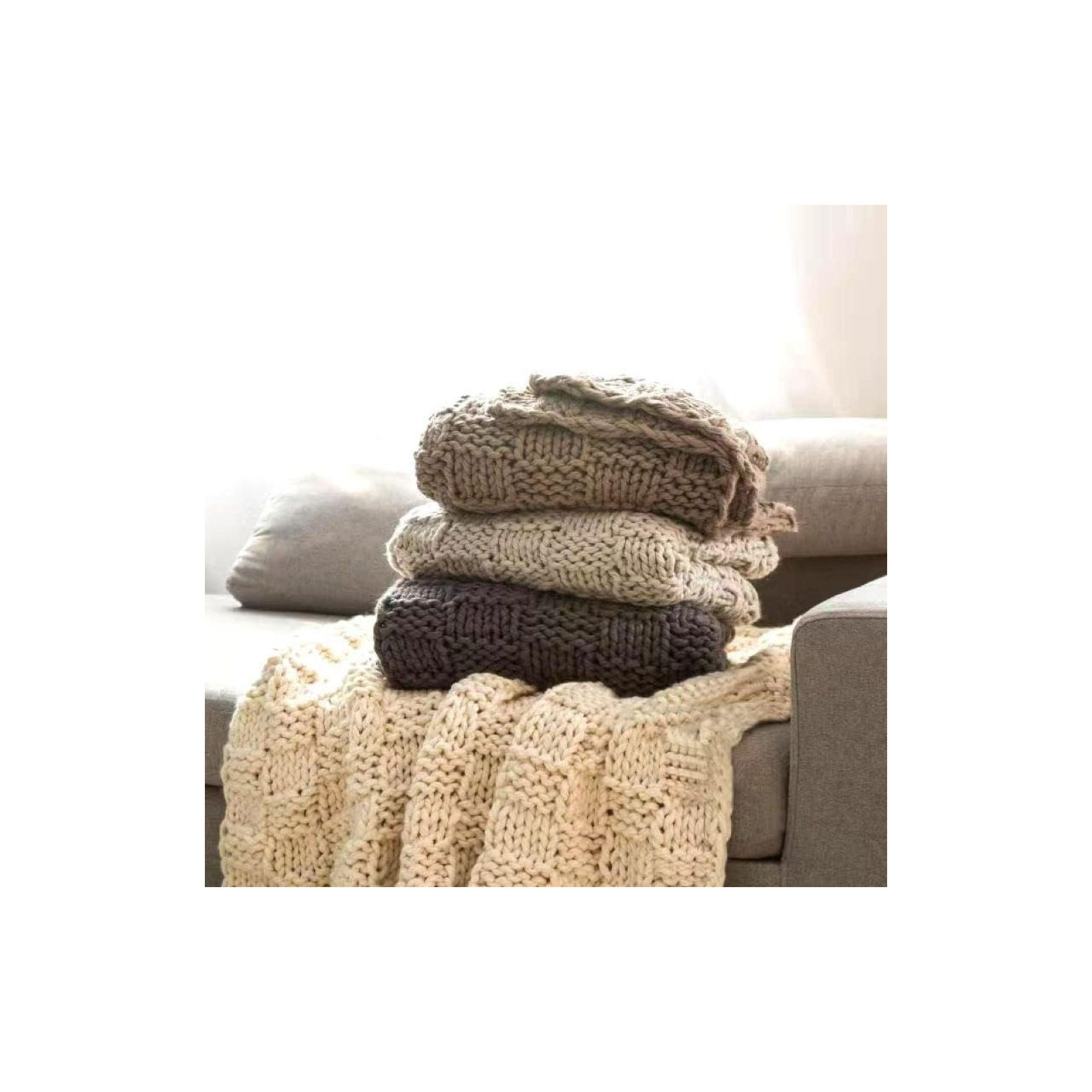 Chess Hand Knitted Solid Textured Chess Pattern Soft Throw Blanket, Gray, 60" L x 50" W
