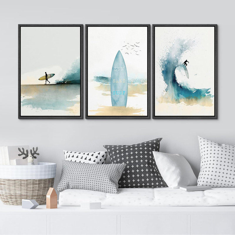 «Coastal Beach Sun Sand Surf», planche de surf bleu clair et océan encadré nautique, impression sur toile 3 pièces