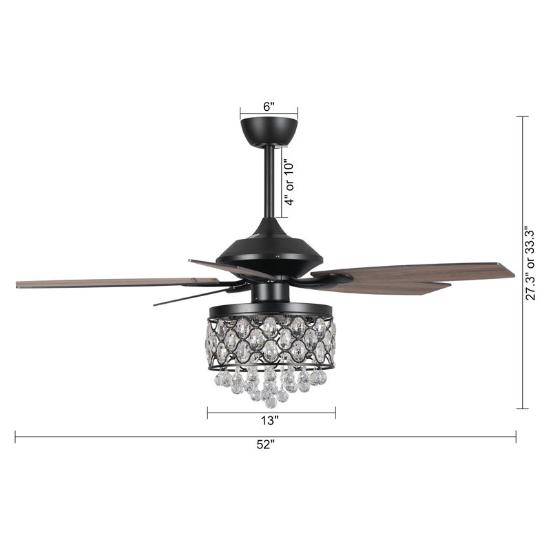 52" Torrie 5 - Blade Crystal Ceiling Fan with Remote Control and Light Kit Included, Black