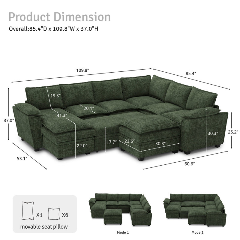 Canapé-lit modulaire en U en chenille Luna, Chenille verte