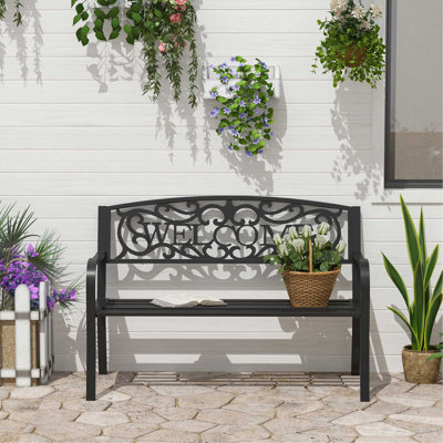 50" Outdoor Metal Welcome Bench, Garden Bench With Slatted Seat, Patio Bench For Park, Porch, Yard, Entryway, Black