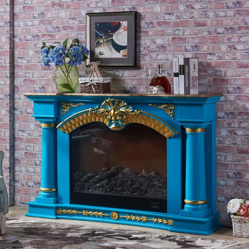 Blue Solid Wood Electric Fireplace