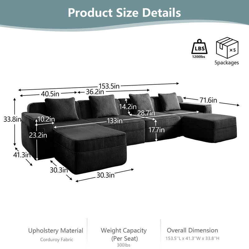 Canapé modulaire en forme de U sans siège à 4 places Ridge, canapé Cloud avec assise profonde et 2 repose-pieds mobiles, canapé modulaire en velours côtelé moderne pour le salon