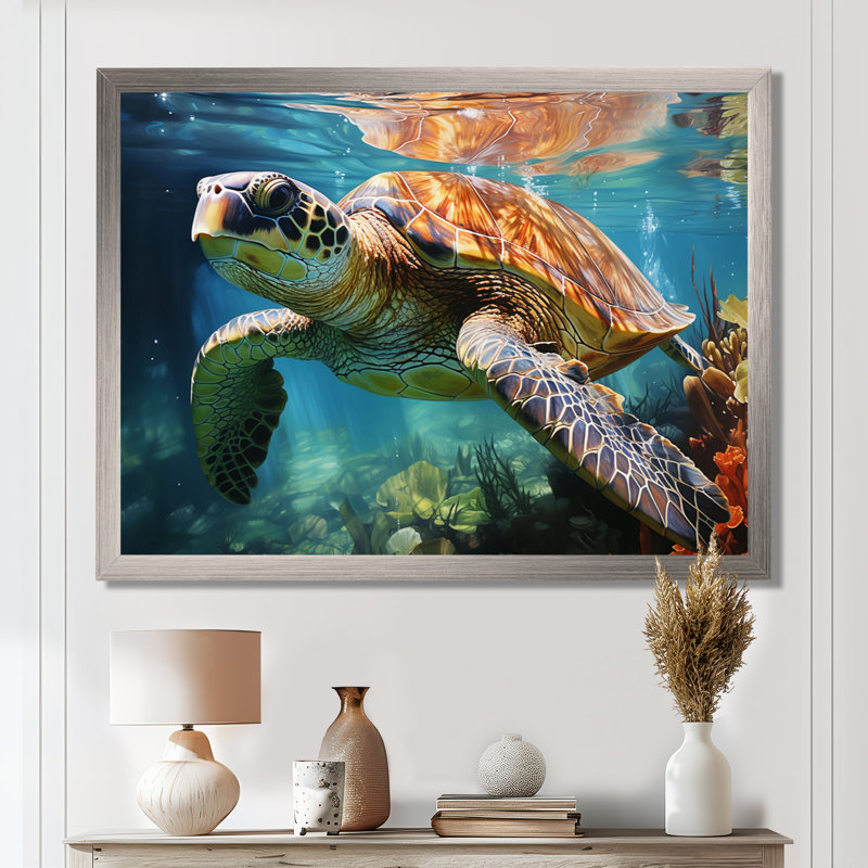 Tortue verte et bleue, animaux marins, art mural, H 16 po x l 32 po x P 1 po, Cadre photo argenté