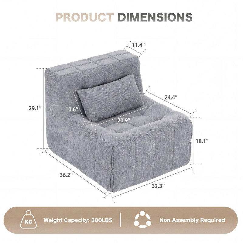 Single Floor Compression Sofa Chair, Boneless Sofa Cloud Couch, Chenille Modular Accent Chair With High Resilience Sponge For Living Room Bedroom No Assembly Required