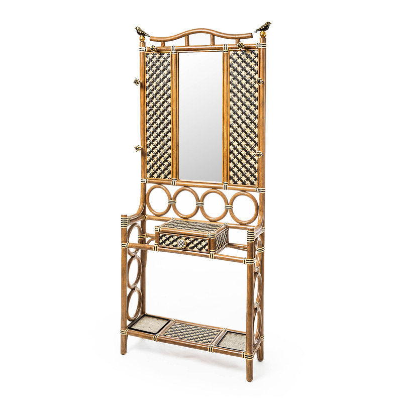 Handcrafted Rattan Hall Tree with Mirror and Storage