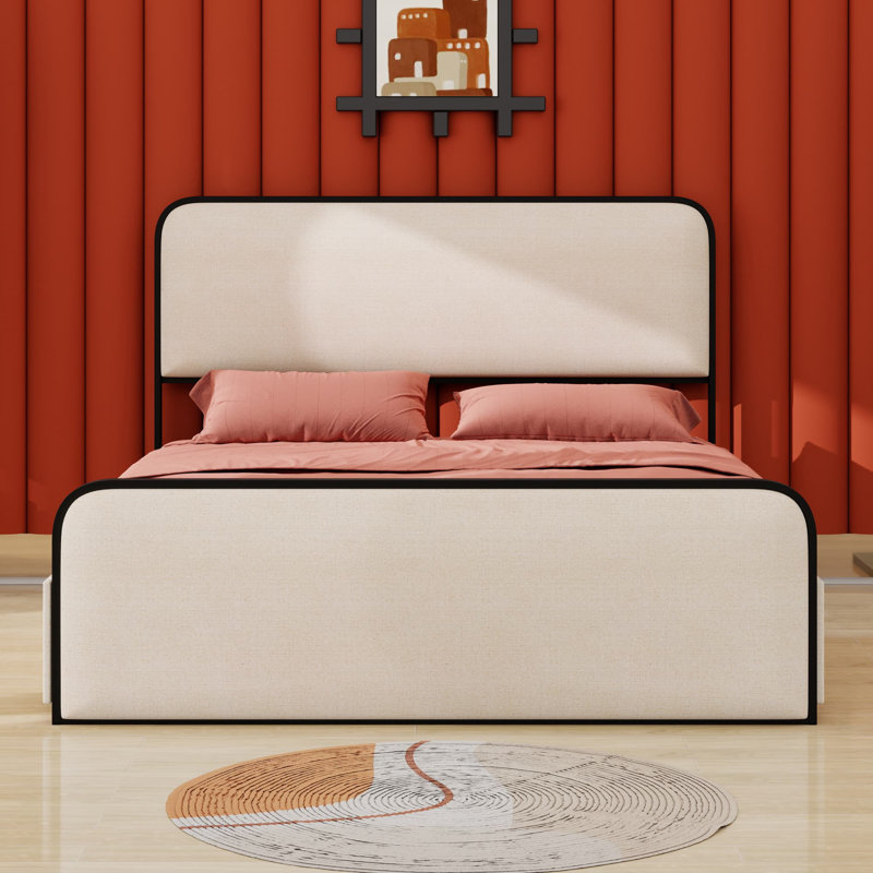 Structure de lit moderne en métal avec tête de lit tapissier courbée, Grand lit