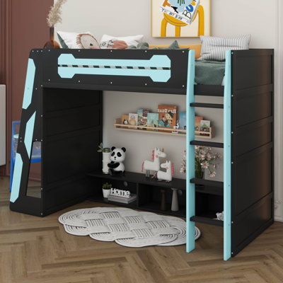 Twin Size Gaming Loft Bed With Desk And Storage Shelves & LED RGB Light, Loft Bed Frame With Ladder And Guardrail