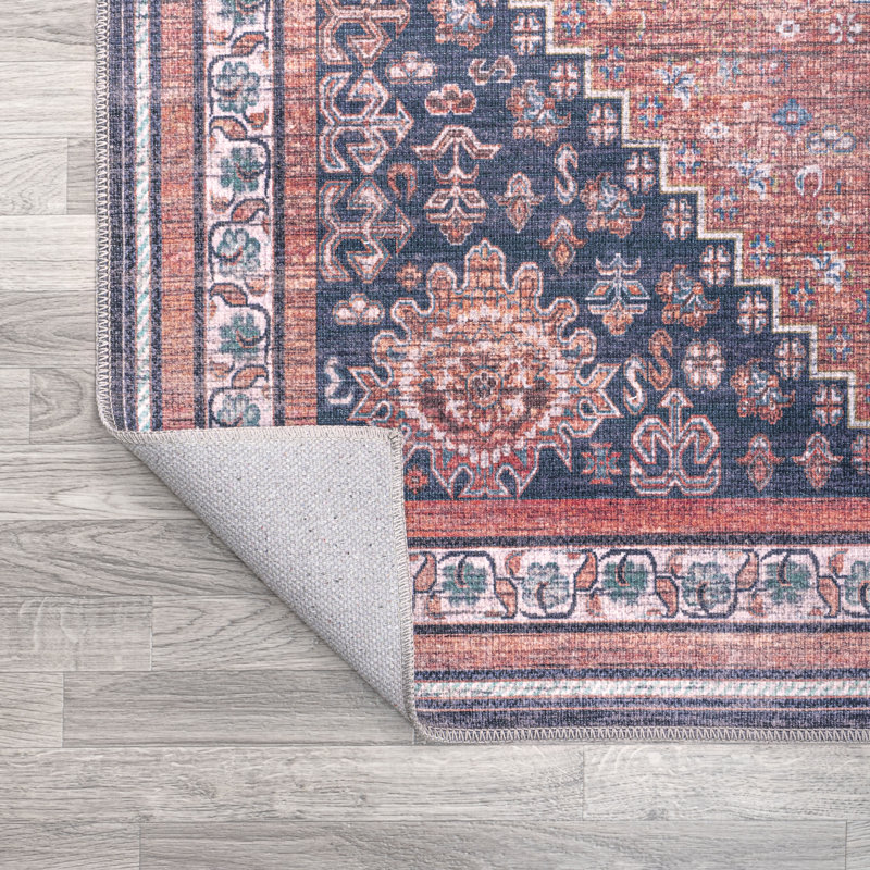 Lesandra Geometric Medallions Machine-Washable Terracotta/Navy Rug, Rectangle 3'11" x 6'