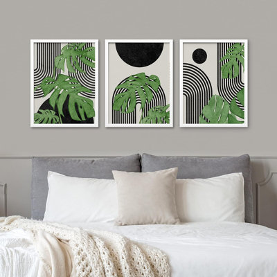 Cadre Mid Mid Century Boho IDÉE4WALL, art mural feuille de Monstera géométrique, ensemble de 3 illustrations de nature sauvage, impression murale minimaliste pour salon, chambre à coucher, 3 pièces