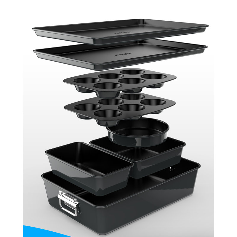 8-Piece Nonstick Stackable Bakeware Set - Pfoa, Pfos, Ptfe Free Baking Tray Set W/ Non-Stick Coating, 450°F Oven Safe, Round Cake, Loaf, Muffin, Wide/Square Pans, Cookie Sheet 