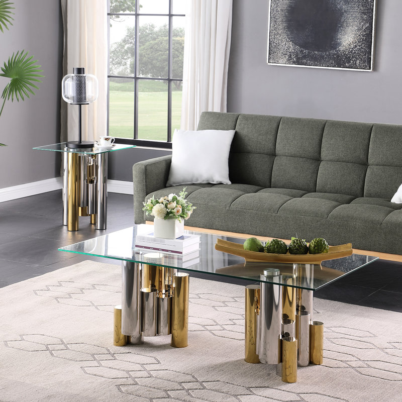 Table basse moderne 48 po en acier inoxydable avec verre transparent rectangulaire pour couloir, aspect doré poli