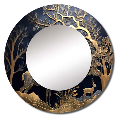 Oleen Golden Deer In Forest II - Forest Large Mirror, Country Round Decorative Wall Mirror, Printed Metal Art
