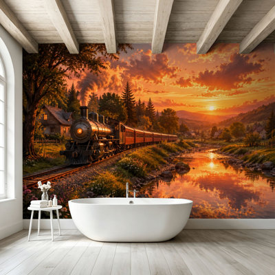 Peler et coller le papier peint, art rétro, voyage en montagne, vallée du coucher du soleil doré, art mural, auto-adhésif et amovible