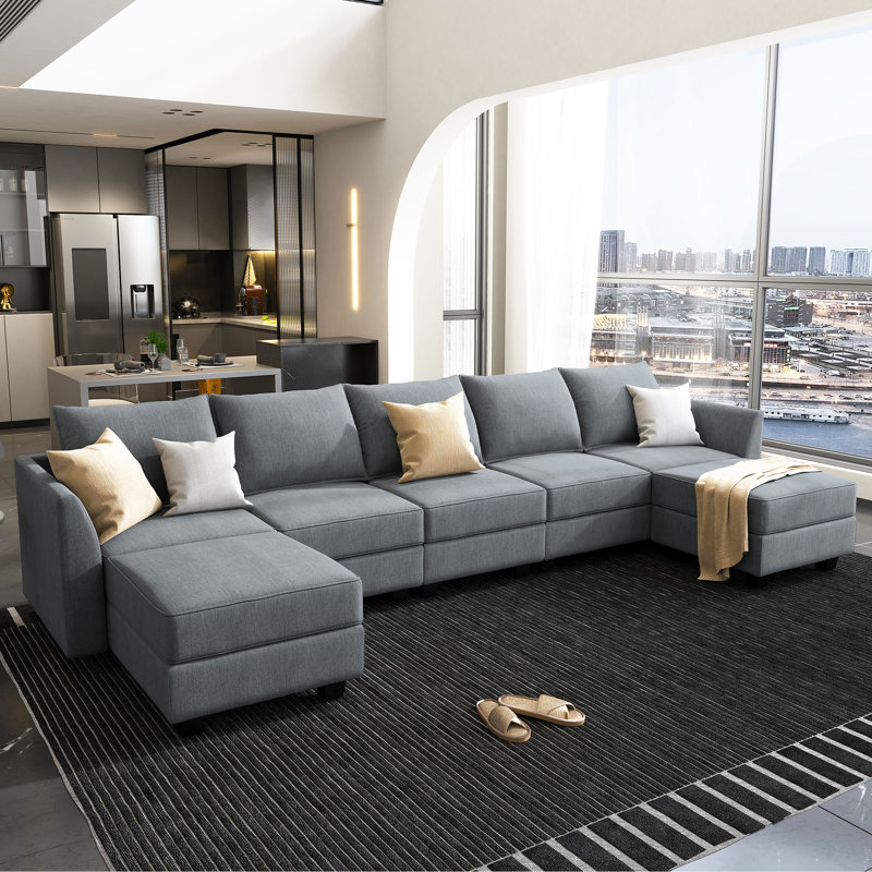Canapé modulaire réversible d'angle en U avec siège et rangement, Mélange de polyester gris bleuté