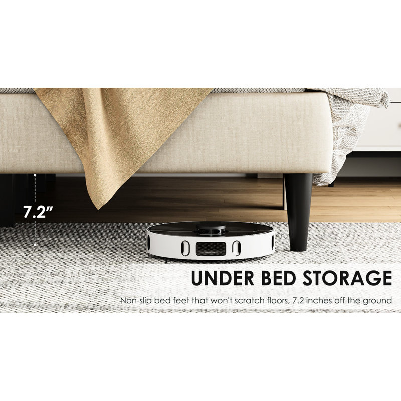 No Box Spring Queen Bed In Beige - Stable, Strong, With Headboard And Under Space Size Spring, Floor- Storage, Queen
