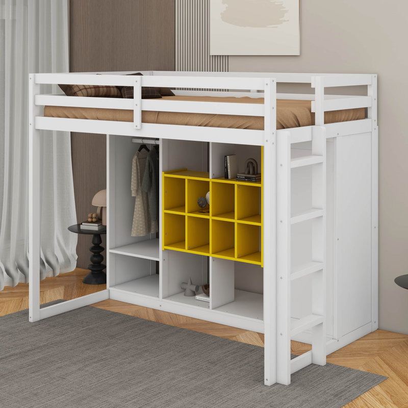 Twin Size Wood Loft Bed With Wardrobe, Shelves And Cabinet, White/Yellow