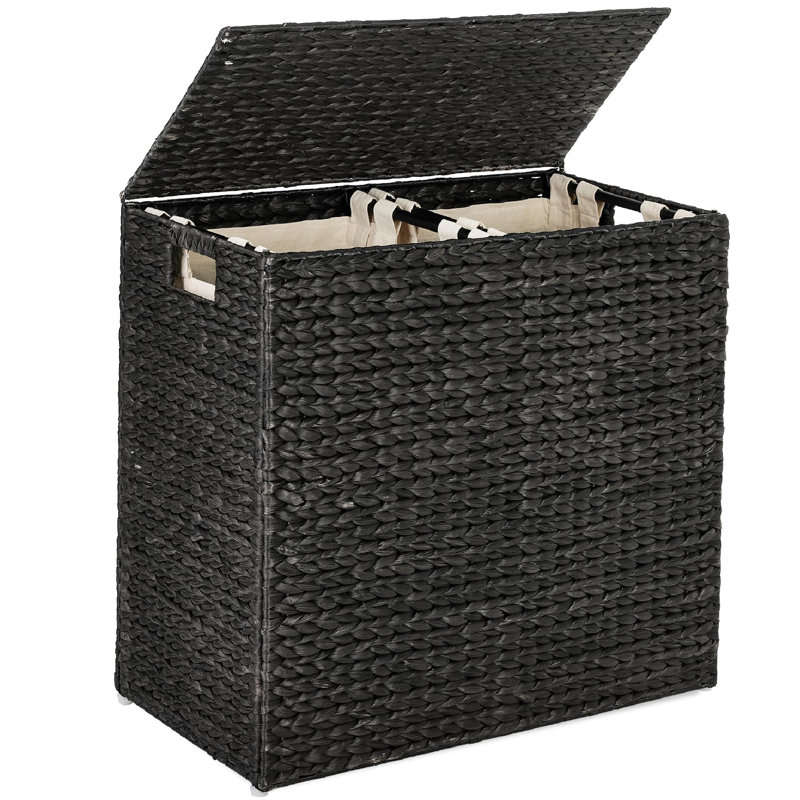 Large Water Hyacinth Double Laundry Hamper Basket w/ 2 Liner Bags, Handles, Black