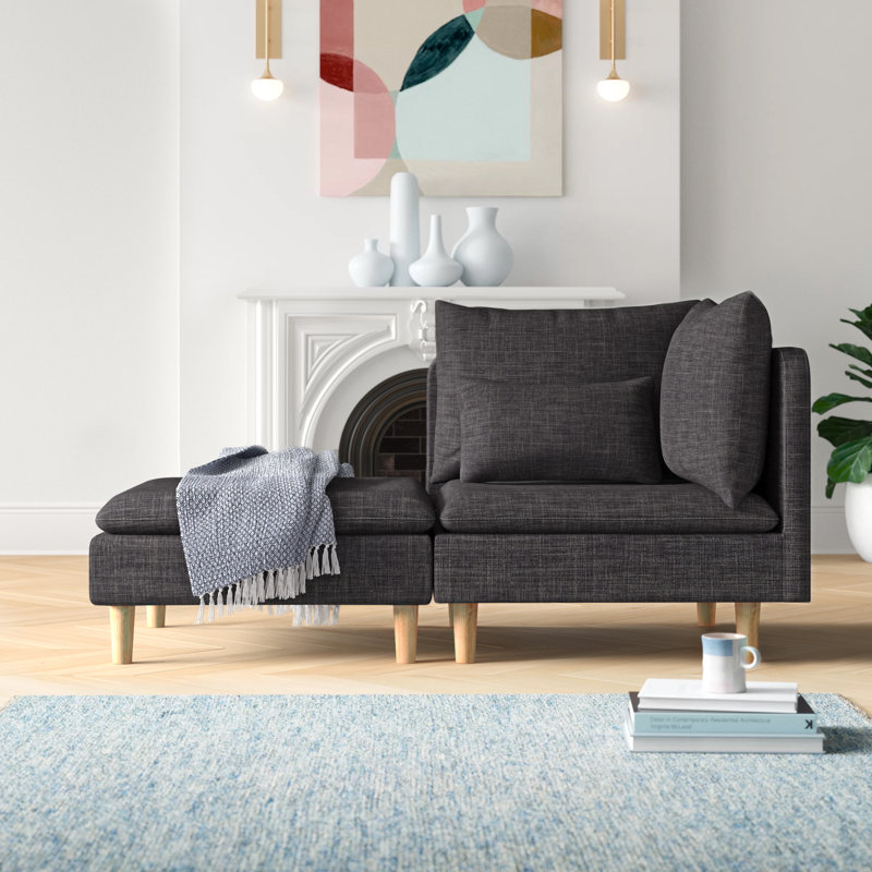 Chaise longue à accoudoirs carrés Poyner, Lin gris foncé chiné