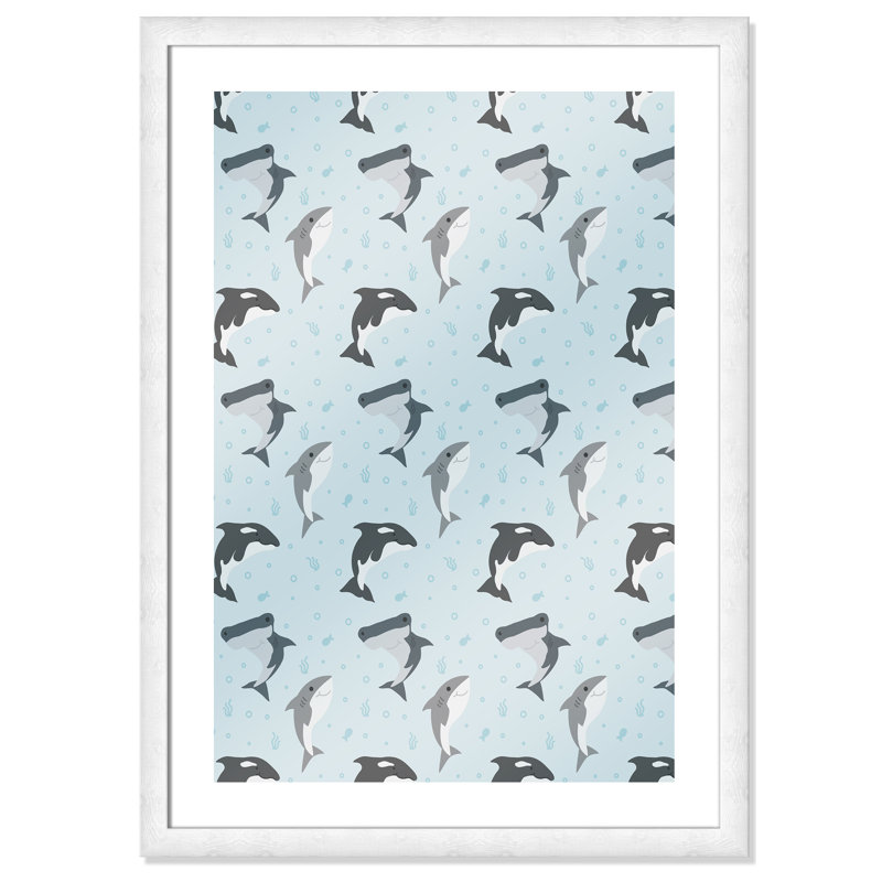«Happy Fish», impression sur papier, H 34,5 po x l 24,5 po x P 0,6 po, Encadré plat à grain de bois blanc