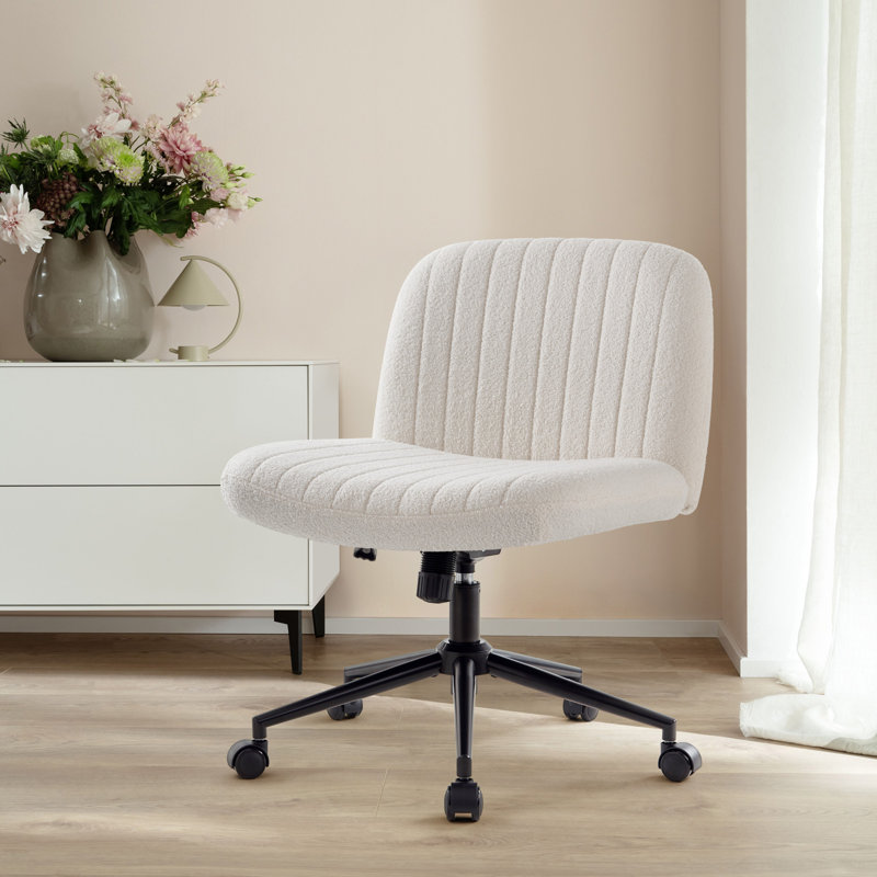 Milicent Armless Wide Desk Chair with Wheels, White, Teddy