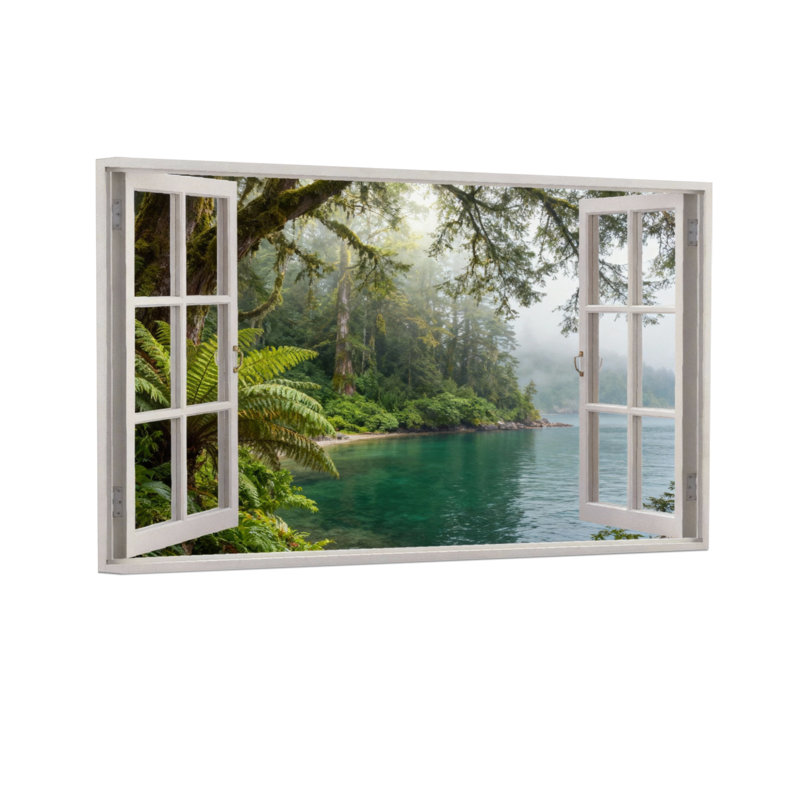 Paysage et nature, forêt, vue sur le lac par une fenêtre ouverte, H 20 po x l 30 po