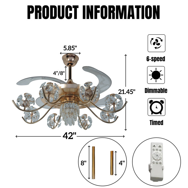 42-inch - Modern 8-light Variable Frequency Ceiling Fan Light - Six Levels, Six Speeds / Built-in Led Three-color Dimming / G9 Lamp Arm Light Source Base