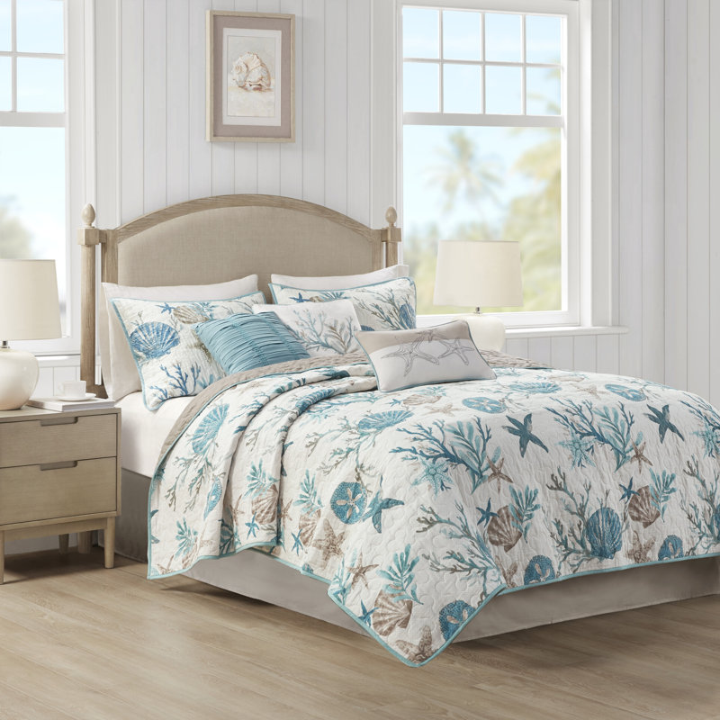 Ensemble de courtepointe réversible de six articles en satin de coton à densité du tissage de 210 fils avec coussins décoratifs Pebble Beach