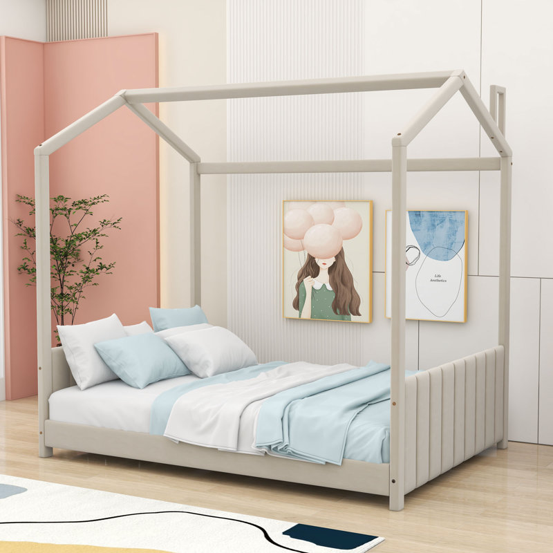 Lit de maison rembourré avec toit, Beige, Double