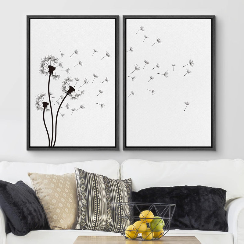 «Black and White Dandelion Minimalist Botanical Decor», reproduction d'art sur toile encadrée 2 pièces, Noir