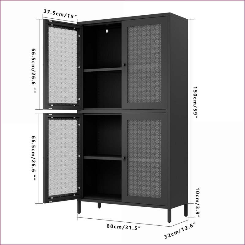 Armoires, armoire de rangement traditionnelle en acier noir avec 4 portes en verre, tablettes réglables - l 31,5 po x P 12,6 po x H 59 po | Traditionnel | Cuisine