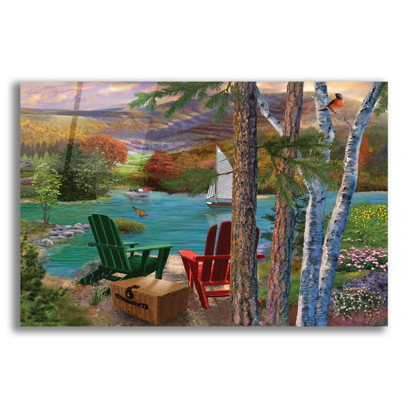 «Lakeside View From The Chairs» par Bigelow, illustrations en acrylique sur verre, H 16 po x l 24 po x P 0,2 po