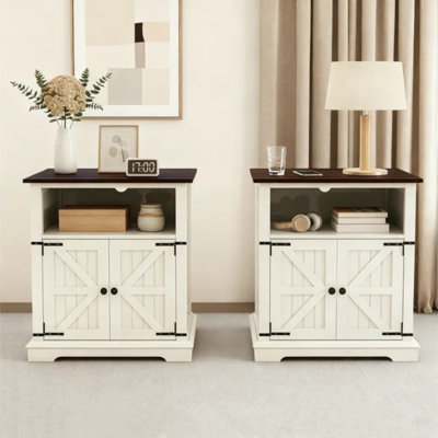 24" Modern Farmhouse Nightstand & End Table With 2-In-1 Built-In Charging Station & Double-Door Storage（Set Of 2）